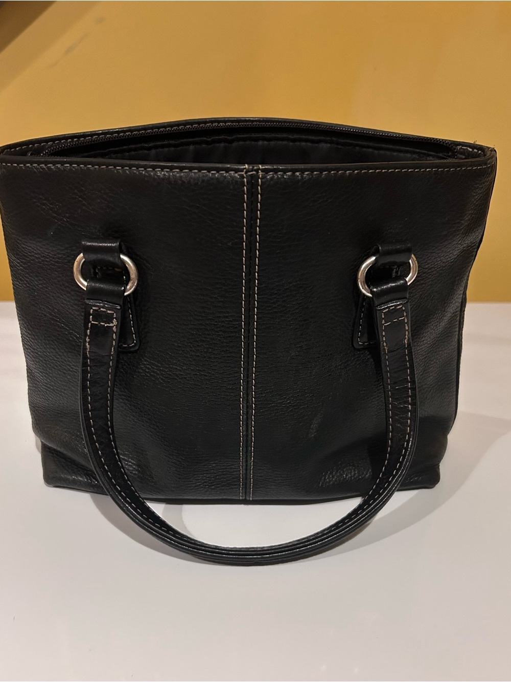 Fossil Black Leather Mini Tote with Cream Contrast Stitching